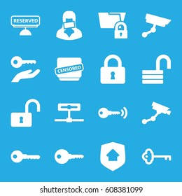 Private icons set. set of 16 private filled icons such as Security camera, key, opened lock, lock, censored woman, censored, reserved, home security, security camera