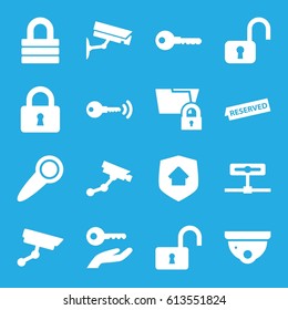 Private icons set. set of 16 private filled icons such as security camera, Security camera, key, lock, opened lock, reserved, home security, door knob, key on hand, open lock