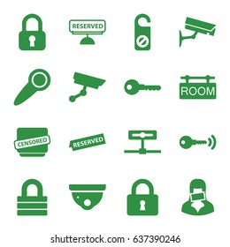 Private icons set. set of 16 private filled icons such as security camera, do not disturb, key, lock, censored woman, censored, room tag, reserved, door knob