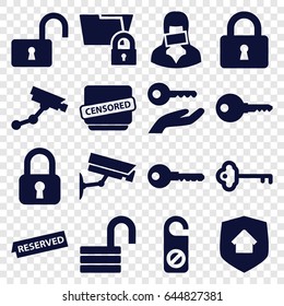 Private icons set. set of 16 private filled icons such as security camera, do not disturb, key, opened lock, lock, censored woman, censored, reserved, home security