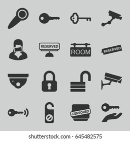 Private icons set. set of 16 private filled icons such as security camera, security camera, do not disturb, opened lock, censored woman, censored, room tag, reserved