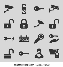Private icons set. set of 16 private filled icons such as security camera, do not disturb, key, opened lock, censored woman, room tag, door knob, security camera, key on hand
