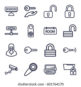 private icons set. Set of 16 private outline icons such as Security camera, do not disturb, lock, opened lock, censored woman, censored, room tag, reserved, door knob, key