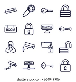 Private Icons Set. Set Of 16 Private Outline Icons Such As Security Camera, Key, Lock, Opened Lock, Censored Woman, Room Tag, Reserved, Door Knob, Security Camera