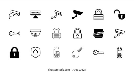 Private icons. set of 18 editable filled and outline private icons: lock, censored, reserved, security camera, security camera, do not disturb, key, home security