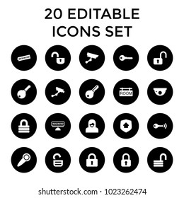 Private icons. set of 20 editable filled private icons such as security camera, key, lock, opened lock, open lock, room tag. best quality private elements in trendy style.