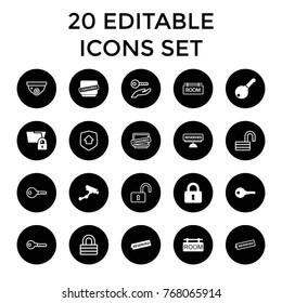 Private icons. set of 20 editable filled and outline private icons such as security camera, key, lock, censored, folder protection, room tag, reserved, security camera