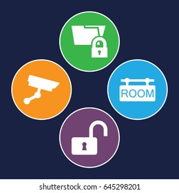 Private icons set. set of 4 private filled icons such as opened lock, room tag, security camera