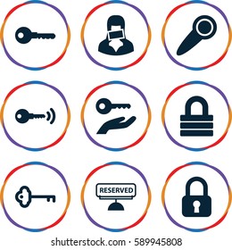 private icons set. Set of 9 private filled icons such as key, lock, censored woman, reserved, door knob