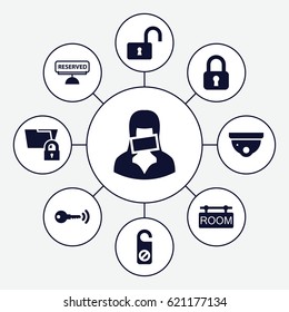 Private icons set. set of 9 private filled icons such as security camera, do not disturb, opened lock, censored woman, room tag, reserved, key, lock