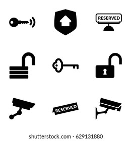 Private icons set. set of 9 private filled icons such as opened lock, reserved, home security, security camera