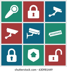Private icons set. set of 9 private filled icons such as security camera, lock, opened lock, reserved, home security, door knob