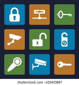 Private icons set. set of 9 private filled icons such as do not disturb, key, opened lock, door knob, security camera, lock