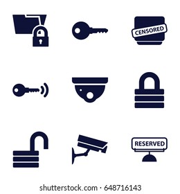 Private icons set. set of 9 private filled icons such as security camera, lock, opened lock, censored, reserved, key