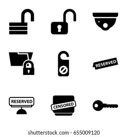 Private icons set. set of 9 private filled icons such as security camera, do not disturb, key, opened lock, censored, reserved, open lock