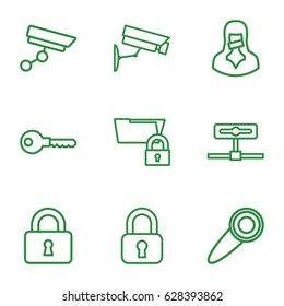 Private icons set. set of 9 private outline icons such as key, lock, censored woman, door knob, security camera, folder protection