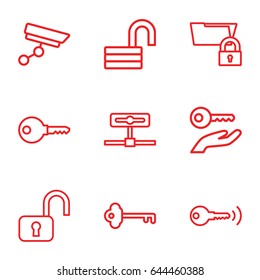 Private icons set. set of 9 private outline icons such as opened lock, security camera, key, key on hand, open lock, folder protection