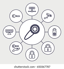 Private icons set. set of 9 private outline icons such as security camera, do not disturb, key, lock, reserved, door knob, key on hand
