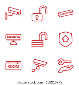 Private icons set. set of 9 private outline icons such as opened lock, room tag, reserved, home security, security camera, key on hand