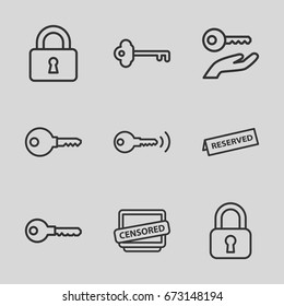 Private icons set. set of 9 private outline icons such as key, lock, censored, reserved