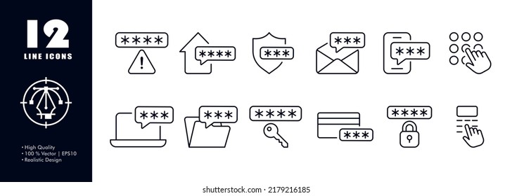 Private information security set icon. Pssword, computer, phone, folder, hand, bank card, key, lock, warning sign, shield, protection. Privacy concept. Vector line icon for Business and Advertising.