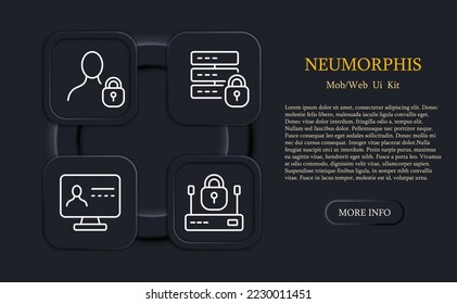Private information set icon. Speech bubble, lock, shield, phone, computer, ssl, computer, letter, eye, password, cloud storage, document, hand, man. Privacy concept. Neomorphism