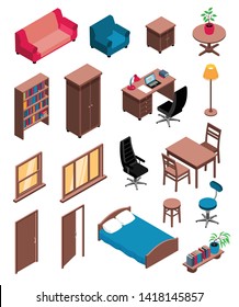 Private interior items isometric icons set with sofa table dresser chair desk floor lamp vector illustration