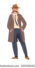 Private investigator in coat and hat, isolated detective personage working on solving crime or mystery. Officer working in police, policeman undercover, inspecting and researching. Vector in flat 