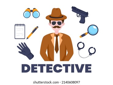 Private Investigator or Detective Who Collects Information to Solve Crimes with Equipment such as Magnifying Glass, Handcuffs and Other in Cartoon Background Illustration
