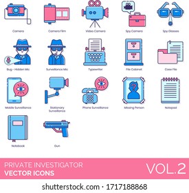 Private Investigator Icons Including Camera Film, Video, Spy Glasses, Bug Hidden Mic, Typewriter, File Cabinet, Case, Mobile Surveillance, Stationary, Phone, Missing Person, Notepad, Notebook, Gun.