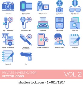 Private Investigator Icons Including Camera Film, Video, Spy Glasses, Bug Hidden Mic, Typewriter, File Cabinet, Case, Mobile Surveillance, Stationary, Phone, Missing Person, Notepad, Notebook, Gun.