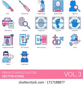 Icons privater Ermittler, einschließlich Messer, Schraubenzieher, Pfefferspray, verdächtiges Profil, Skiptrace, DMV-Datensatz, Nachweis, Fußabdruck, Handabdruck, Fingerabdruck-Pulver, GPS-Verfolgung, Klonen von Telefonen, Ehebruch