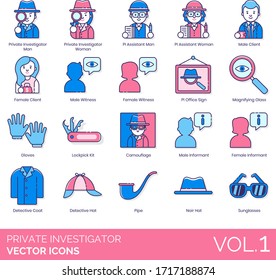 Private investigator icons including man, woman, PI assistant, male, female client, witness, office sign, magnifying glass, gloves, lockpick kit, camouflage, informant, detective coat, pipe, noir hat.