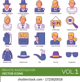 Private investigator icons including man, woman, PI assistant, client, witness, office sign, magnifying glass, gloves, lockpick kit, camouflage, informant, detective coat, pipe, noir hat, sunglasses.