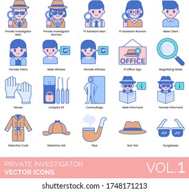 Private investigator icons including man, woman, PI assistant, male, female client, witness, office sign, magnifying glass, gloves, lockpick kit, camouflage, informant, detective coat, pipe, noir hat.