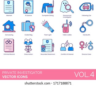 Private investigator icons including warrant, PI license, dumpster diving, paranormal, following car, canvassing, coded bag, talkie walkie, handcuffs, criminal record, class action, recorded statement