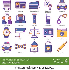 Private investigator icons including warrant, dumpster diving, paranormal, following car, canvassing, handcuffs, watch, cctv, legal, safety box, document, police line, hacker, security lock, bullet.