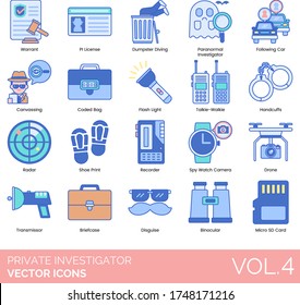Private investigator icons including warrant, PI license, dumpster diving, paranormal, following car, canvassing, coded bag, flashlight, talkie walkie, handcuffs, radar, shoe print, recorder, drone.