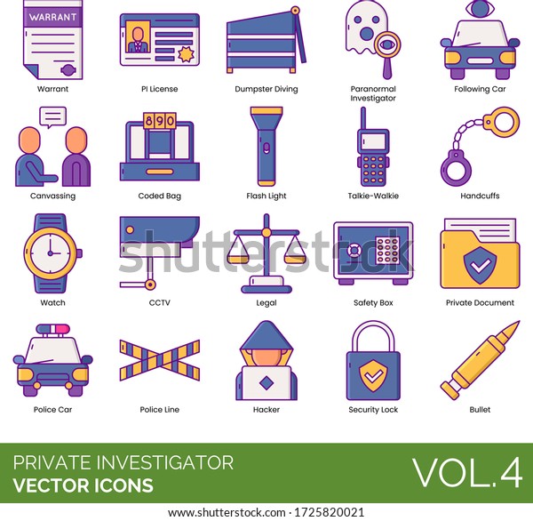 Private investigator icons including warrant,\
dumpster diving, paranormal, following car, canvassing, handcuffs,\
watch, cctv, legal, safety box, document, police line, hacker,\
security lock, bullet.