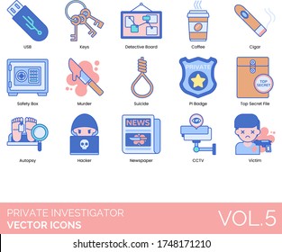 Private Investigator Icons USB, Key, Detective Board, Coffee, Cigar, Safety Box, Murder, Suicide, PI Badge, Top Secret File, Autopsy, Hacker, Newspaper, CCTV, Victim.