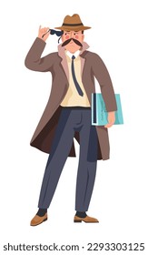 private investigator or officer working on case undercover, isolated man character wearing coat and sunglasses holding top secret files and confidential documents. Vector in flat style illustration