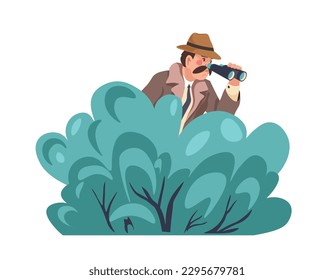 Private investigator undercover, hiding in bushes watching through binoculars. Research and solving mystery, finding clues and working on case. Officer or detective man. Vector in flat style