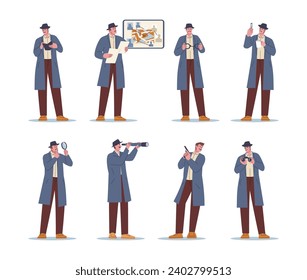 Private investigator wear coat and hat. Detective looking magnifying glass, find evidence and has investigation. Cartoon brave agent, kicky vector character