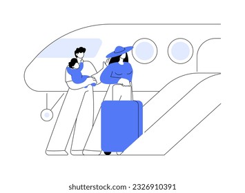 Ilustración de vector de concepto abstracto de chorro privado. Familia feliz con niños y perros subirse a un jet privado, transporte aéreo personal, aerolíneas internacionales, metáfora abstracta de vehículos de lujo.