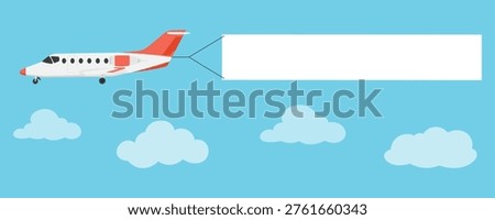Private jet airplane flying in the blue sky with clouds and pulling a blank white rectangular banner for advertising or message.
