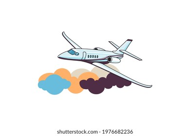 Private jet airplane on clouds background vector illustration.