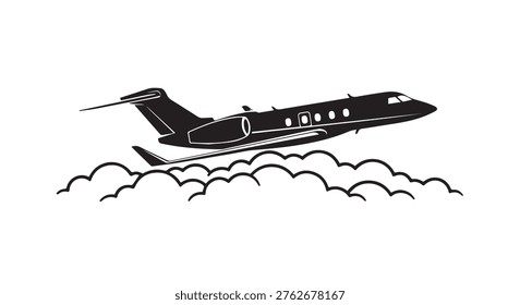 Private jet airplane silhouette flying above clouds for luxury travel and aviation business concepts
