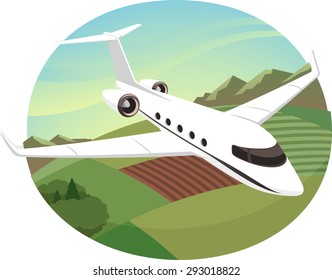 private jet flying in the sky vector cartoon illustration