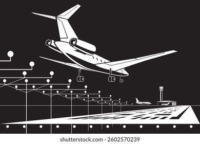 Private jet  landing to city airport by night – vector illustration