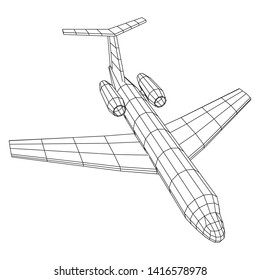 Private Jet Plane Abstract polygonal wireframe business luxury twin engine airplane. Travel aircraft, tourism and vacation concept. Wireframe low poly mesh vector illustration